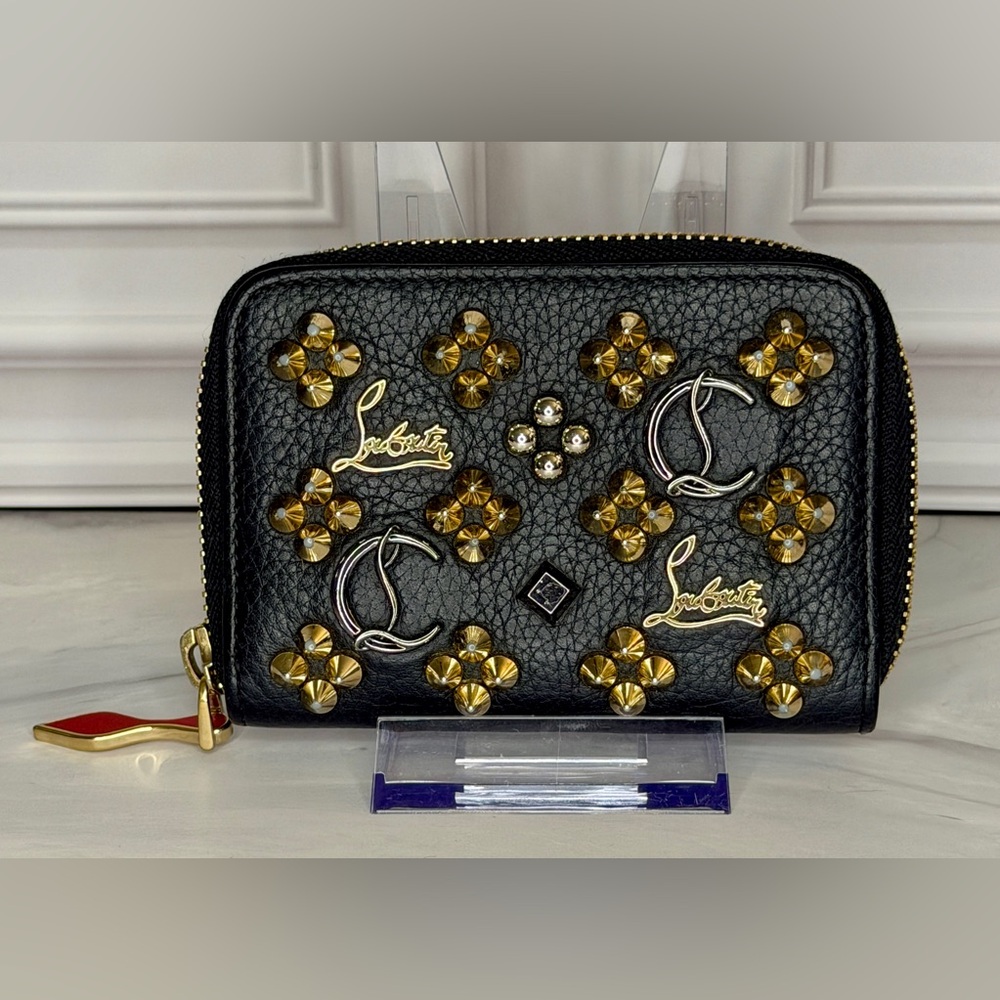 Christian Louboutin Compact Zip Wallet | Black Leather Studded Zip Around | COA